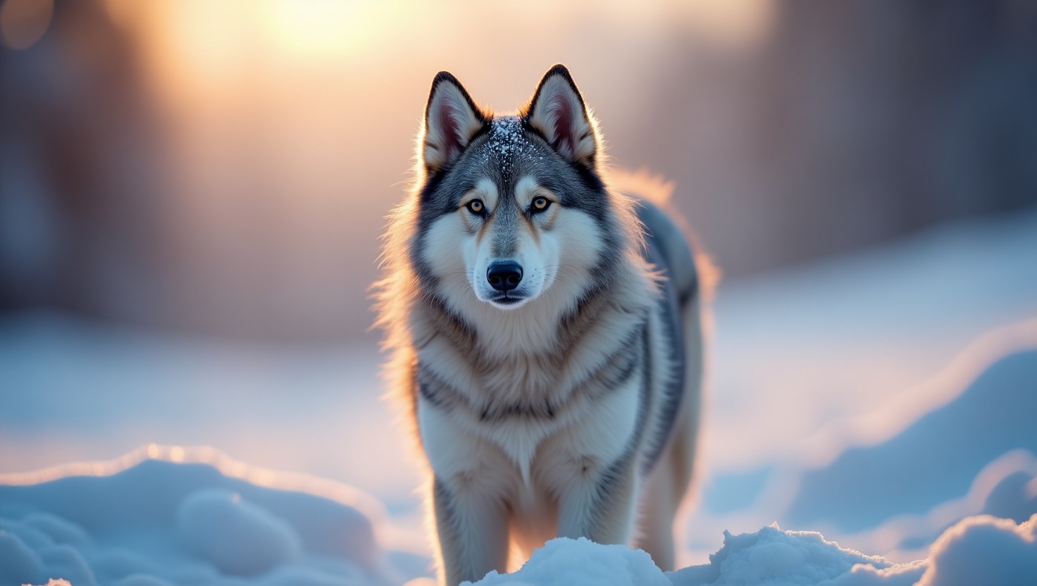 a dog stands majestically in the midst of a vibrantly glowing snow landscape